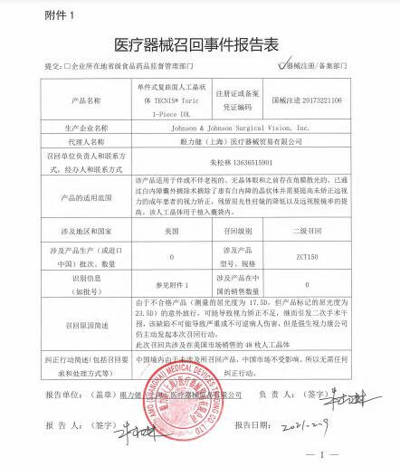Johnson & Johnson Surgical Vision, Inc.對單件式復曲面人工晶狀體TECNIS? Toric 1-Piece IOL主動召回