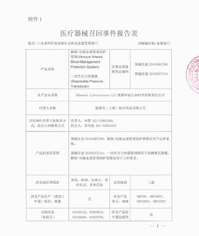 愛德華茲生命科學有限責任公司Edwards Lifesciences LLC對靜脈/動脈血液管理保護管路 、一次性壓力傳感器?主動召回