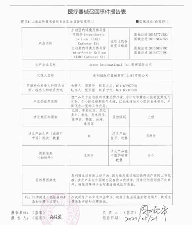 箭牌國際公司Arrow International, Inc.對主動脈內(nèi)球囊反搏導(dǎo)管及附件、主動脈內(nèi)球囊反搏導(dǎo)管?主動召回