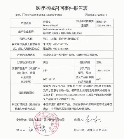 DePuy International Limited對(duì)股骨頭Femoral Head主動(dòng)召回