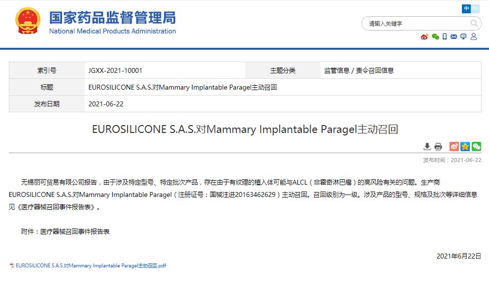 EUROSILICONE S.A.S.對Mammary Implantable Paragel主動召回