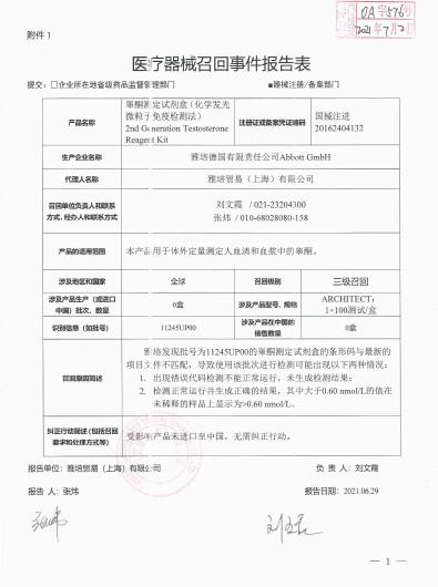 Abbott GmbH 雅培德國有限責(zé)任公司對睪酮測定試劑盒（化學(xué)發(fā)光微粒子免疫檢測法）2nd Generation Testosterone Reagent Kit主動召回