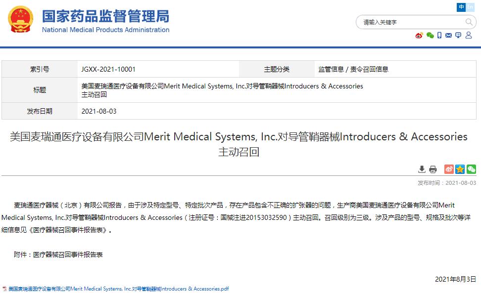 美國麥瑞通醫(yī)療設(shè)備有限公司Merit Medical Systems, Inc.對導管鞘器械Introducers & Accessories主動召回